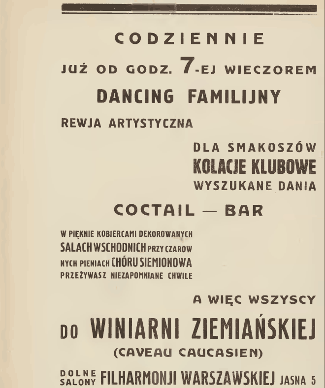 Advertisement published in 1934 for the Ziemiańska Winebar