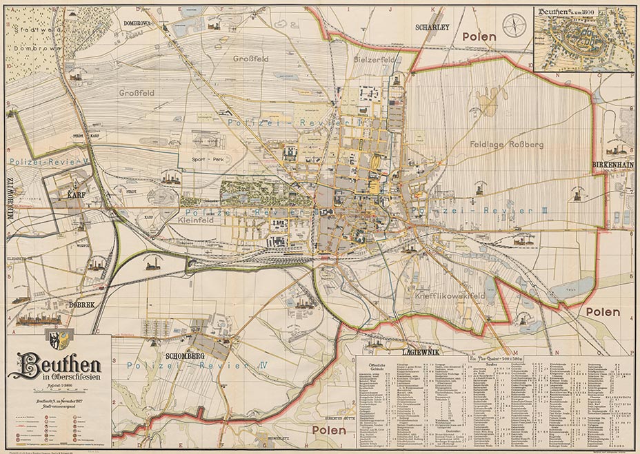 German map of Beuthen showing tramway and railway border crossing points