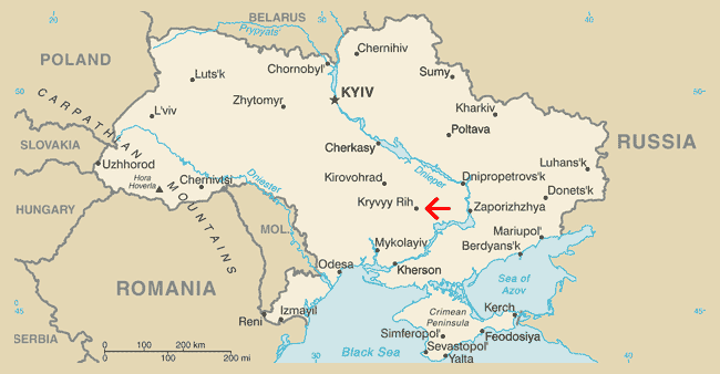 Location of the Kryvyi Rih metro on a map of Ukraine.